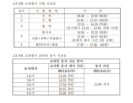 6월 모의고사 시험 시간표 및 온라인 응시 시간표 사진 (제공=부산교육청) 6월 모의고사 시험 시간표 및 온라인 응시 시간표 사진 (제공=부산교육청)