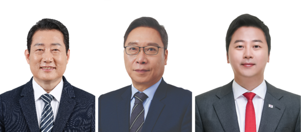 (왼쪽부터) 유동철 더불어민주당 후보, 정연욱 국민의힘 후보, 장예찬 무소속 후보 (왼쪽부터) 유동철 더불어민주당 후보, 정연욱 국민의힘 후보, 장예찬 무소속 후보